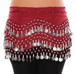 Chiffon Belly Dance Hip Scarf with Beads & Coins - RED ROSE / SILVER