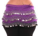 Plus Size 1X - 4X Chiffon Belly Dance Hip Scarf with Coins - PURPLE / SILVER