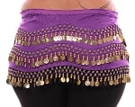 Plus Size 1X - 4X Chiffon Belly Dance Hip Scarf with Coins - PURPLE / GOLD