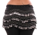Plus Size 1X - 4X Chiffon Belly Dance Hip Scarf with Coins - BLACK / SILVER
