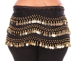 Plus Size 1X - 4X Chiffon Belly Dance Hip Scarf with Coins - BLACK / GOLD