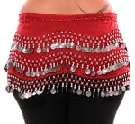 Plus Size 1X - 4X Chiffon Belly Dance Hip Scarf with Coins - RED / SILVER