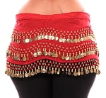 Plus Size 1X - 4X Chiffon Belly Dance Hip Scarf with Coins - RED / GOLD