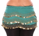 Plus Size 1X - 4X Chiffon Belly Dance Hip Scarf with Coins - TEAL / GOLD