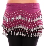 Chiffon Belly Dance Hip Scarf with Beads & Coins - PURPLE PLUM / SILVER