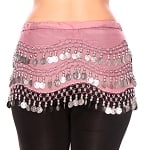 Chiffon Belly Dance Hip Scarf with Beads & Coins - VINTAGE PINK / SILVER