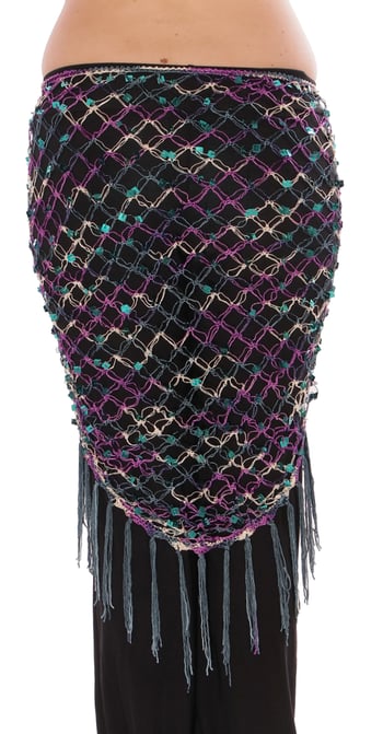 Crochet Net Shawl Scarf with Square Sequins & Fringe - PEACOCK