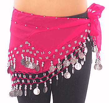 Kids Size Chiffon Hip Scarf with Coins - ROSE PINK / SILVER