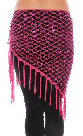 Crochet Net Shawl Scarf with Square Sequins & Fringe - DARK PINK / FUCHSIA 