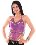 Sheer Chiffon Dance Halter Top with Coins - PURPLE / GOLD