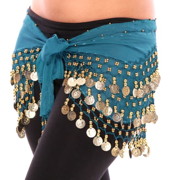 Chiffon Belly Dance Hip Scarf with Beads & Coins - DEEP TEAL BLUE / GOLD