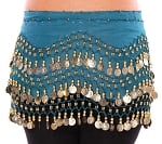 Chiffon Belly Dance Hip Scarf with Beads & Coins - DEEP TEAL BLUE / GOLD