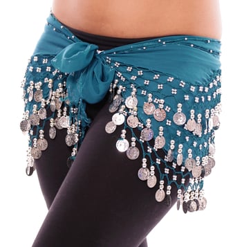 Chiffon Belly Dance Hip Scarf with Beads & Coins - DEEP TEAL BLUE / SILVER