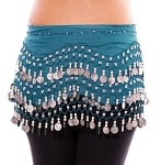 Chiffon Belly Dance Hip Scarf with Beads & Coins - DEEP TEAL BLUE / SILVER