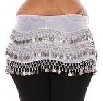 Plus Size 1X - 4X Chiffon Belly Dance Hip Scarf with Coins - WHITE / SILVER