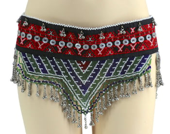 Afghani Kuchi Beaded Textile Costume Belt with Medallions, Coins, and Bells