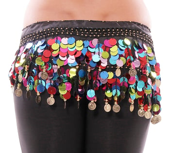 Coin Hip Scarf with Multi-Colored Paillettes - BLACK / GOLD