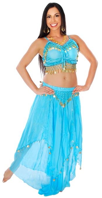 2-Piece Belly Dancer Costume with Coins - BLUE TURQUOISE / GOLD