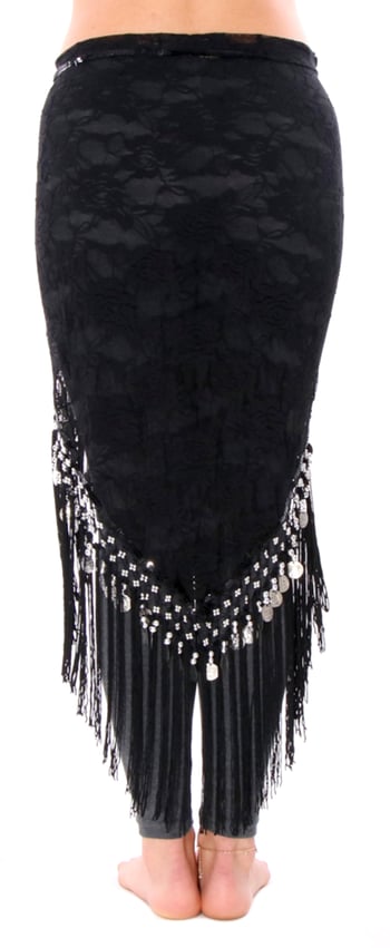 Lace Shawl Hip Scarf with Coins & Fringe - BLACK / SILVER