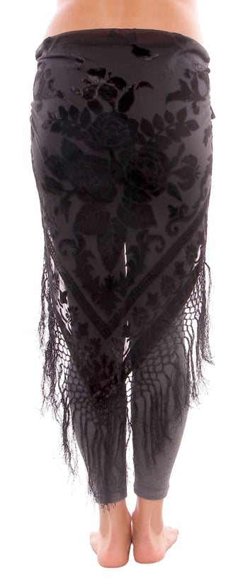 Burnout Velvet Rose Pattern Shawl Hip Scarf with Fringe - BLACK