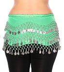Chiffon Belly Dance Hip Scarf with Beads & Coins - MINT GREEN / SILVER