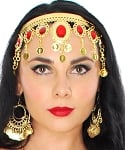 Arabesque Metal Head Piece with Coins & Jewels - GOLD / RED
