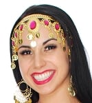 Arabesque Metal Head Piece with Coins & Jewels - GOLD / DARK PINK