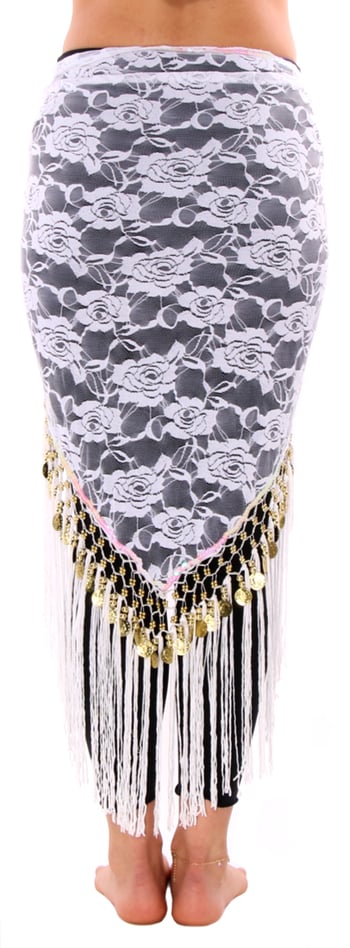Lace Shawl Hip Scarf with Coins & Fringe - WHITE / GOLD