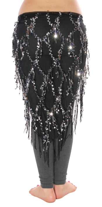 Elegant Sequin Fringe Mesh Belly Dance Hip Scarf - BLACK / SILVER