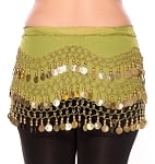 Chiffon Belly Dance Hip Scarf with Beads & Coins - AVOCADO GREEN / GOLD