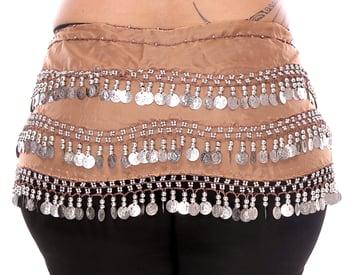 Plus Size 1X - 4X Chiffon Belly Dance Hip Scarf with Coins - MOCHA / SILVER 