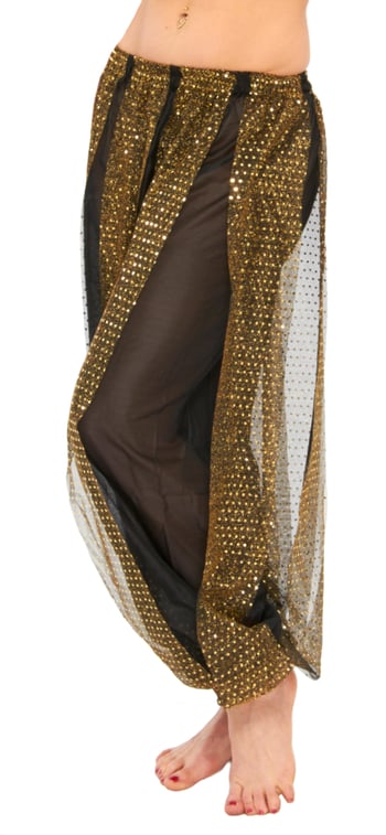 Harem Pants with Shiny Sequin Dot Panels - BLACK / GOLD