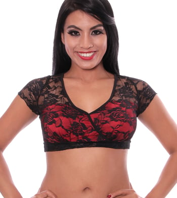 2-Layer Lace Fusion Choli Half-Top - BLACK / RED