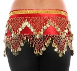 Velvet Pyramid Belly Dance Hip Scarf with Beads & Coins - RED / GOLD