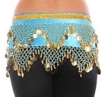 Velvet Pyramid Belly Dance Hip Scarf with Beads & Coins - BLUE TURQUOISE / GOLD