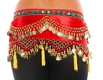 Arabesque Velvet Belly Dancer Hip Scarf with Coins & Tassels - RED