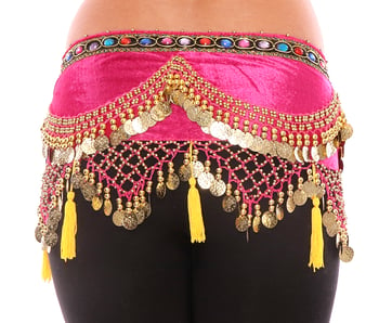 Arabesque Velvet Belly Dancer Hip Scarf with Coins & Tassels - FUCHSIA