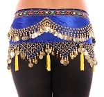 Arabesque Velvet Belly Dancer Hip Scarf with Coins & Tassels - BLUE