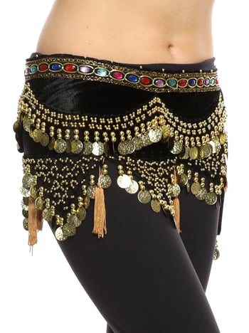 Arabesque Velvet Belly Dancer Hip Scarf with Coins & Tassels - BLACK