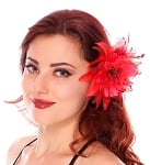 Hair Flower with Feather Accents - RED
