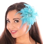 Hair Flower with Feather Accents - LIGHT BLUE TURQUOISE
