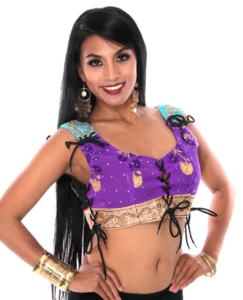 Embroidered Tribal Lace-Up Choli Top - PURPLE GRAPE