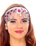 Arabesque Metal Head Piece with Coins & Jewels - SILVER / DARK PINK