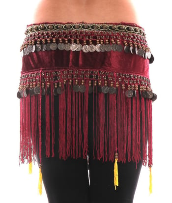 Velvet Tribal Hip Scarf with Bronze Coins, Fringe & Tassles - BURGUNDY