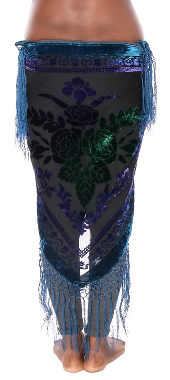 Burnout Velvet Rose Pattern Shawl Hip Scarf with Fringe - TWILIGHT GARDEN