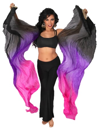 Silk Fan Veils Belly Dance Prop (Set of 2) - BLACK / PURPLE / FUCHSIA