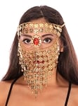 Bedouin Style Belly Dancer Coin Full Face Veil with Gem - GOLD