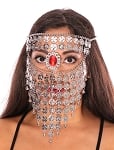 Bedouin Style Coin Belly Dancer Full Face Veil with Red Gem - SILVER