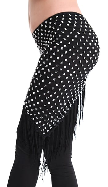 Crochet Beaded Shawl Hip Scarf with Fringe - BLACK / SILVER