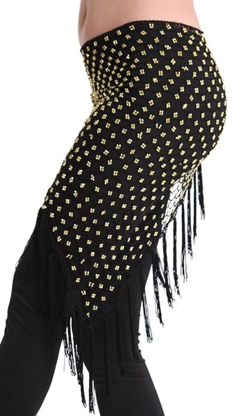 Crochet Beaded Shawl Hip Scarf with Fringe - BLACK / GOLD